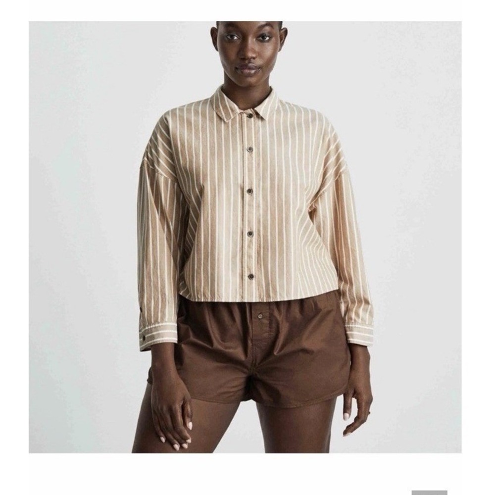 Everlane Woven PJ Button Down Top Tan Large Cotton Relaxed Boxy Shirt NWT